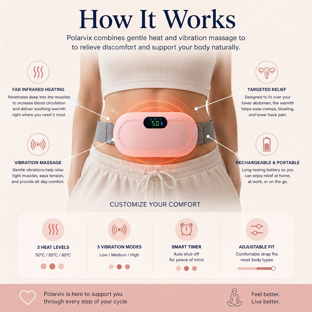 Polarvix®  🌸 Menstrual Heating Pad for Cramps | Fast Pain Relief ♨️ 3 Heat Levels • 3 Massage Modes