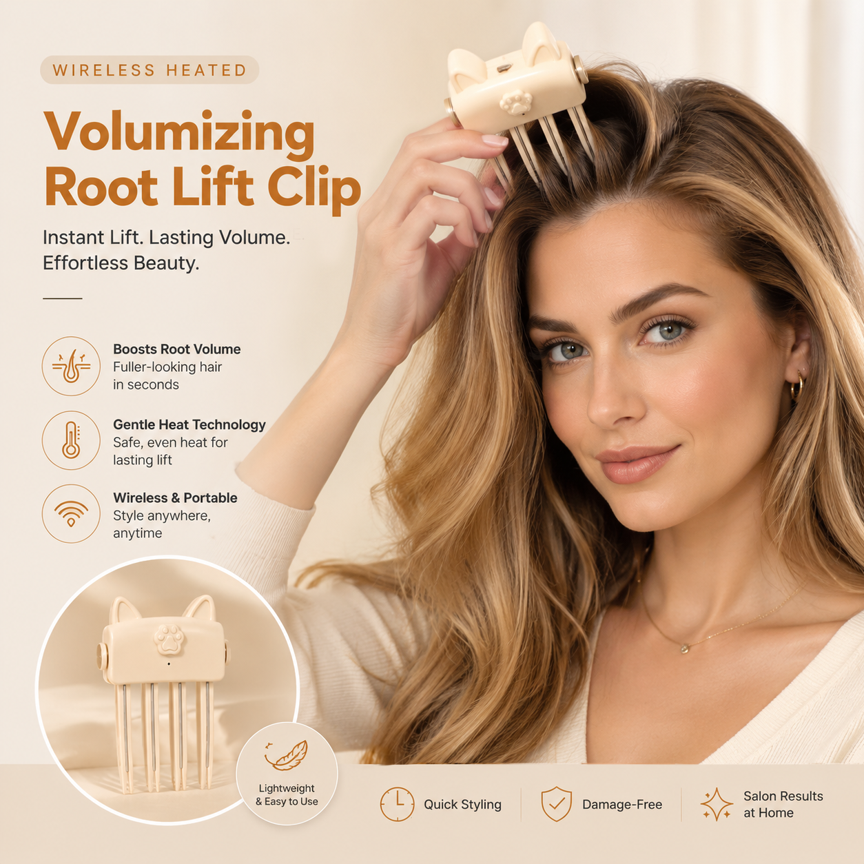 Wireless Heated Volumizing Root Lift Clip, Portable Travel Hair Styling Tool for Flat Fine Hair