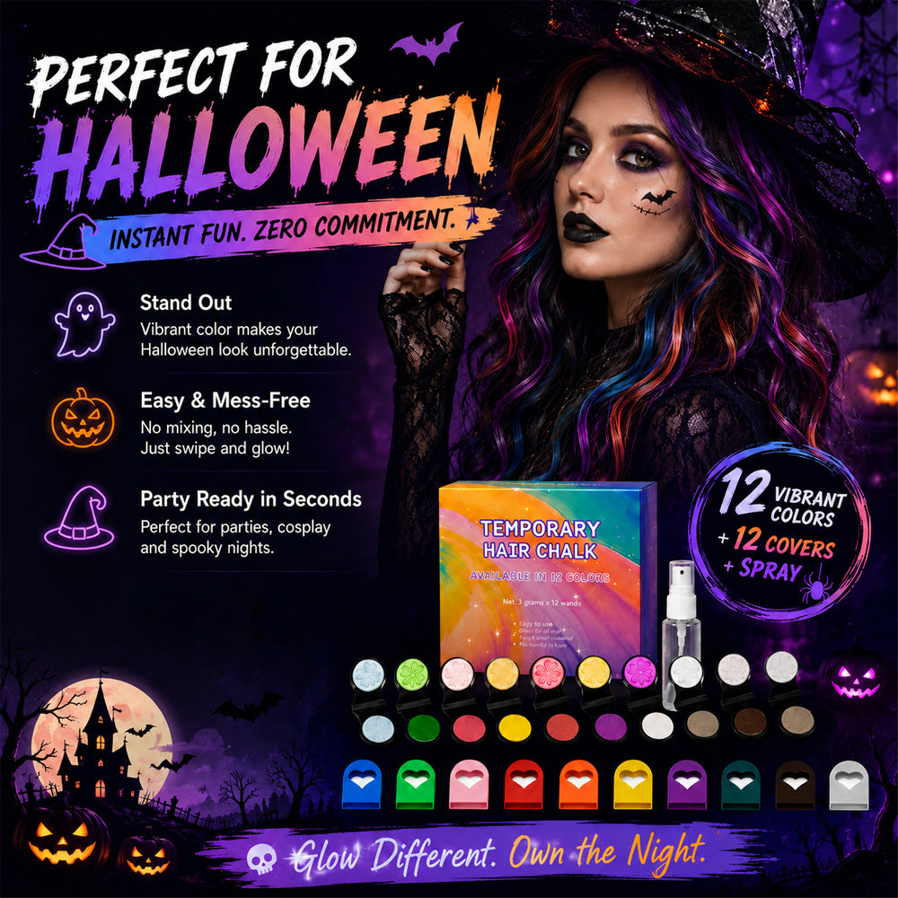 🔥 LIMITED-TIME OFFER – 40% OFF! 🌈 12-Color Temporary Hair Chalk Set for Halloween, Parties & Festivals 🎃---Polarvix®