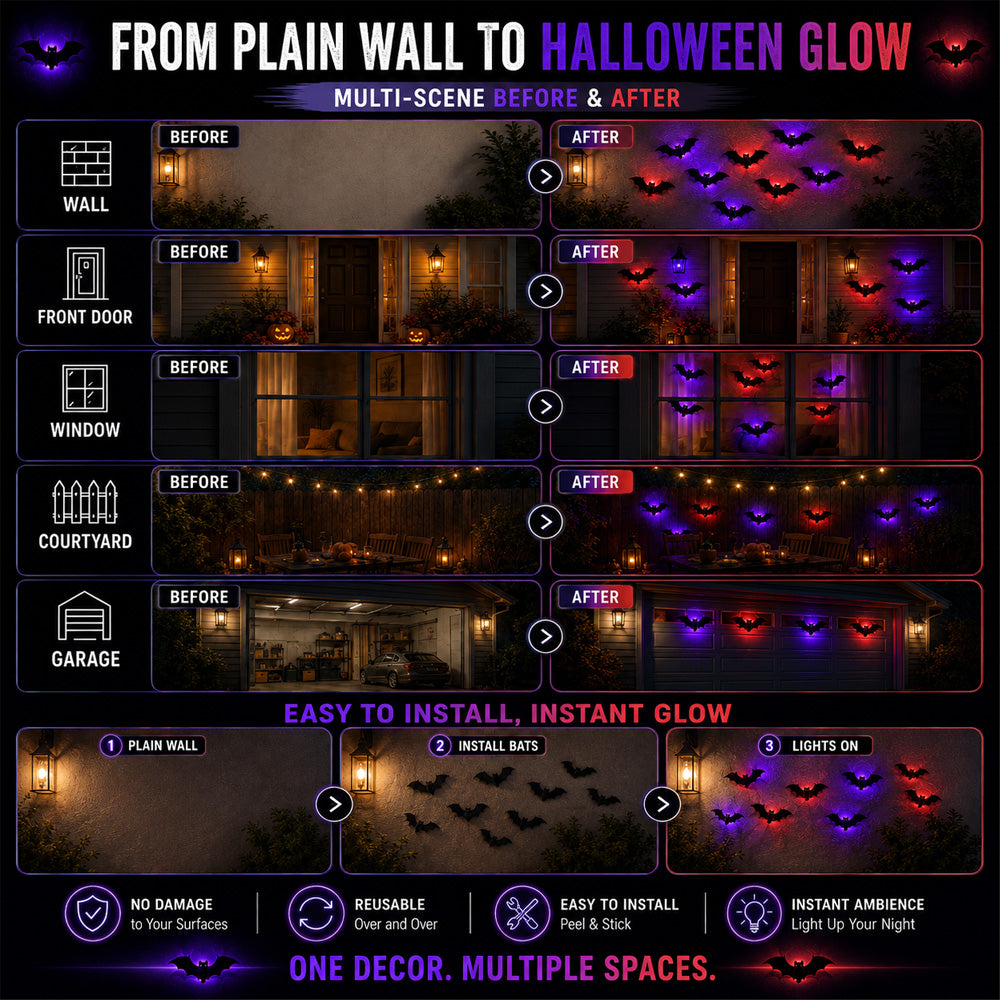 🎃 3D LED Bat Light Halloween Wall Decor🦇🦇 – Polarvix® Glowing Spooky Party Ornaments