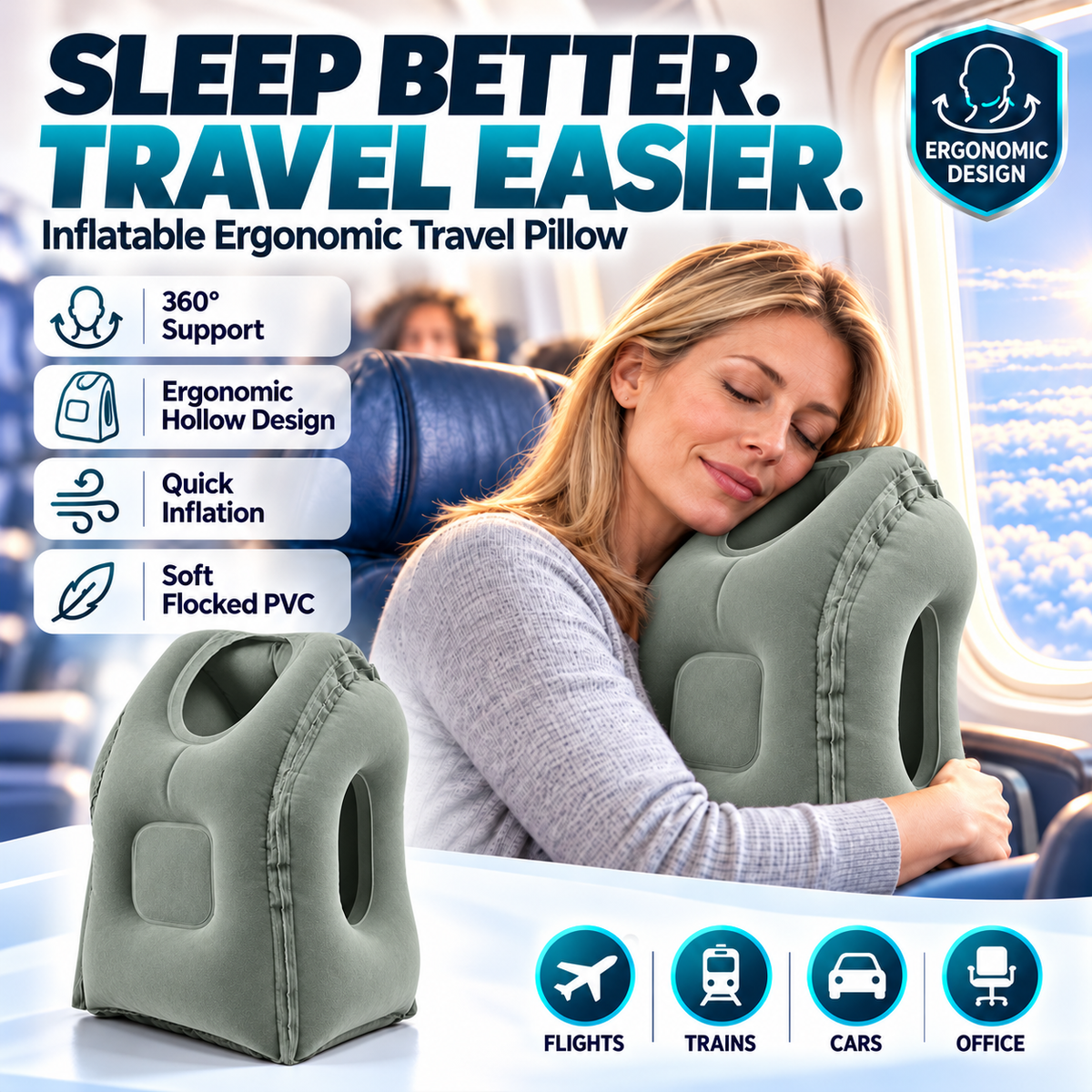 😴 LIMITED-TIME 40% OFF! ✈️ Inflatable Ergonomic Hollow-Cutout Travel Pillow – PVC Flocking, Quick Inflate, With Storage Bag ✨