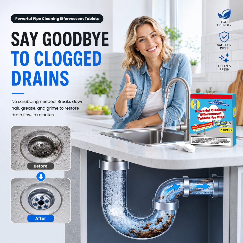 🥳Buy 1 Get 1 Free!!💞Powerful Pipe Cleaning Effervescent Tablets – Fast Dissolve Hair & Grease Clogs, Deodorizing & Antibacterial---Polarvix®