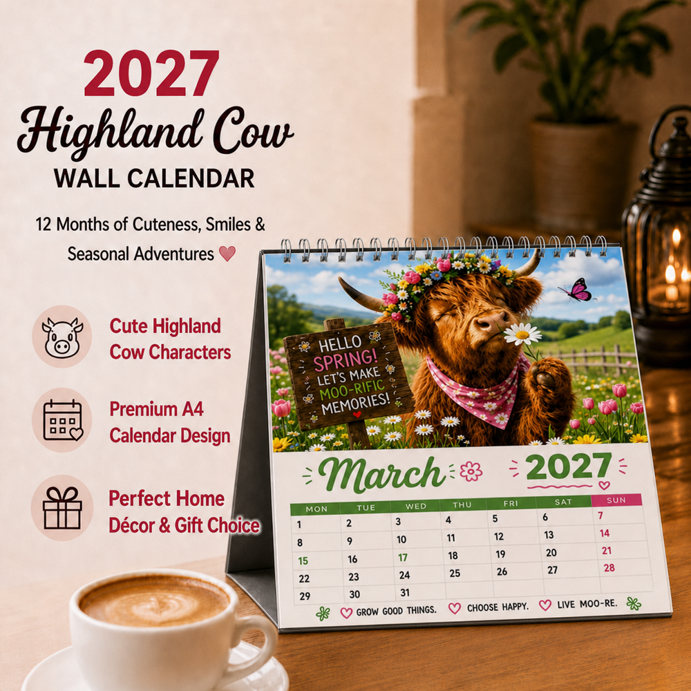 upsell 2027 & 2026  Funny Highland Cow Wall Calendar A4 Calendar---Polarvix®