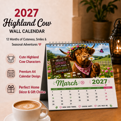 upsell 2027 & 2026  Funny Highland Cow Wall Calendar A4 Calendar---Polarvix®