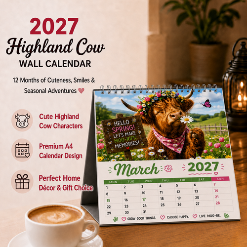 upsell 2027 & 2026  Funny Highland Cow Wall Calendar A4 Calendar---Polarvix®