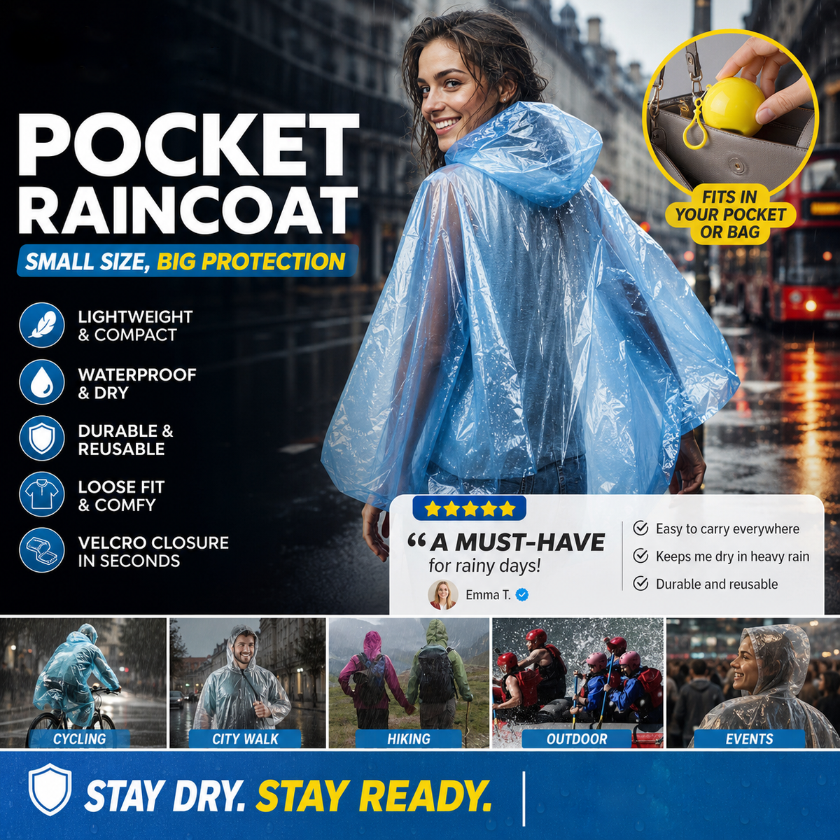 🌧️ Pocket-Size Emergency Rain Poncho, Ball-Packed Waterproof Raincoat, One-Size Lightweight Rain Protection for Travel, Hiking & Outdoor🌈---Polarvix®