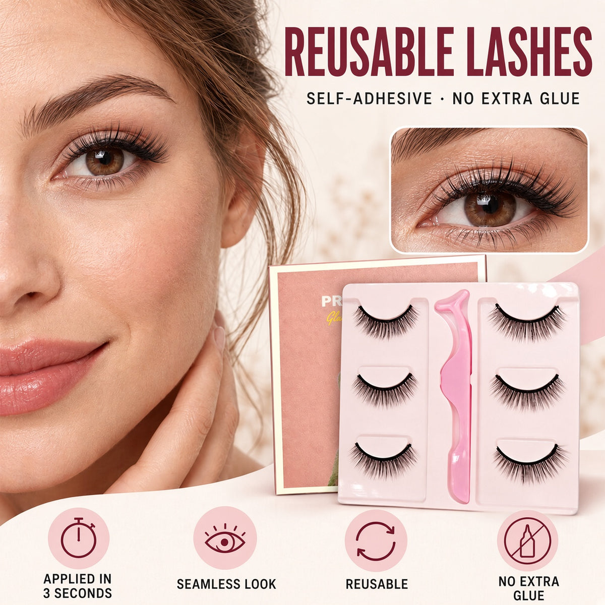 🌺 Self-Stick False Eyelashes – No Glue, 3-Second Application, Natural & Reusable