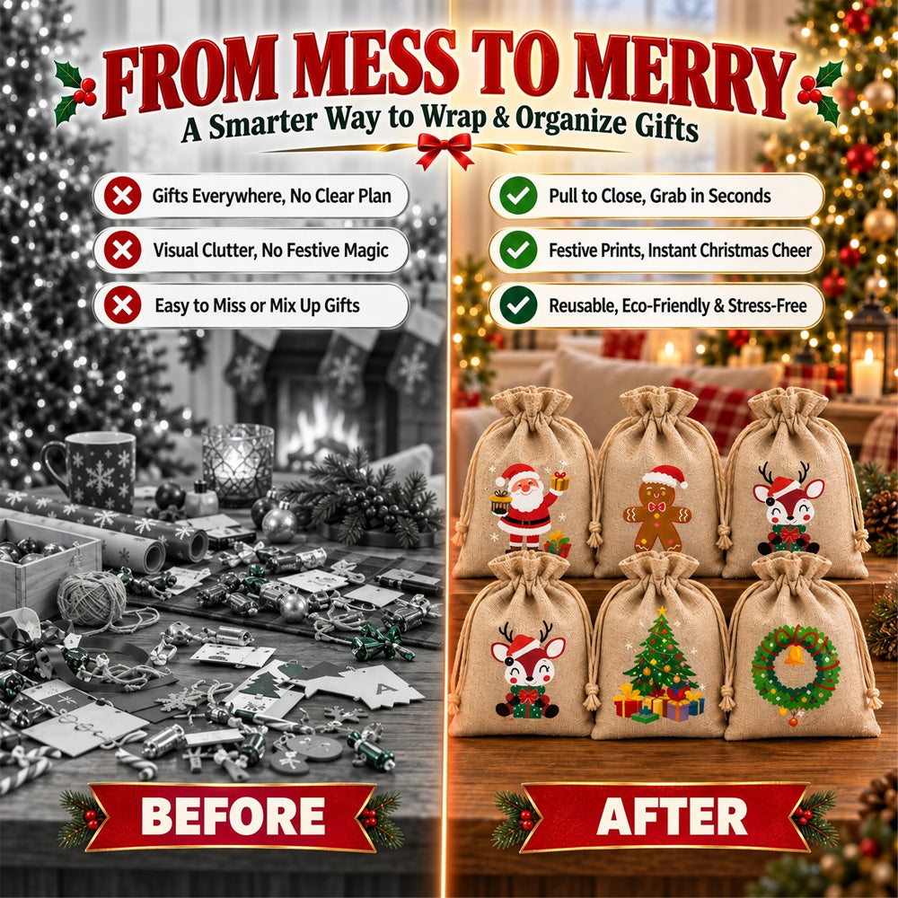 🎄⛄ Christmas Jute Gift Bags with Drawstrings — Neatly Pack Loose Candies and Gifts in Seconds 🎁🎄– Polarvix®