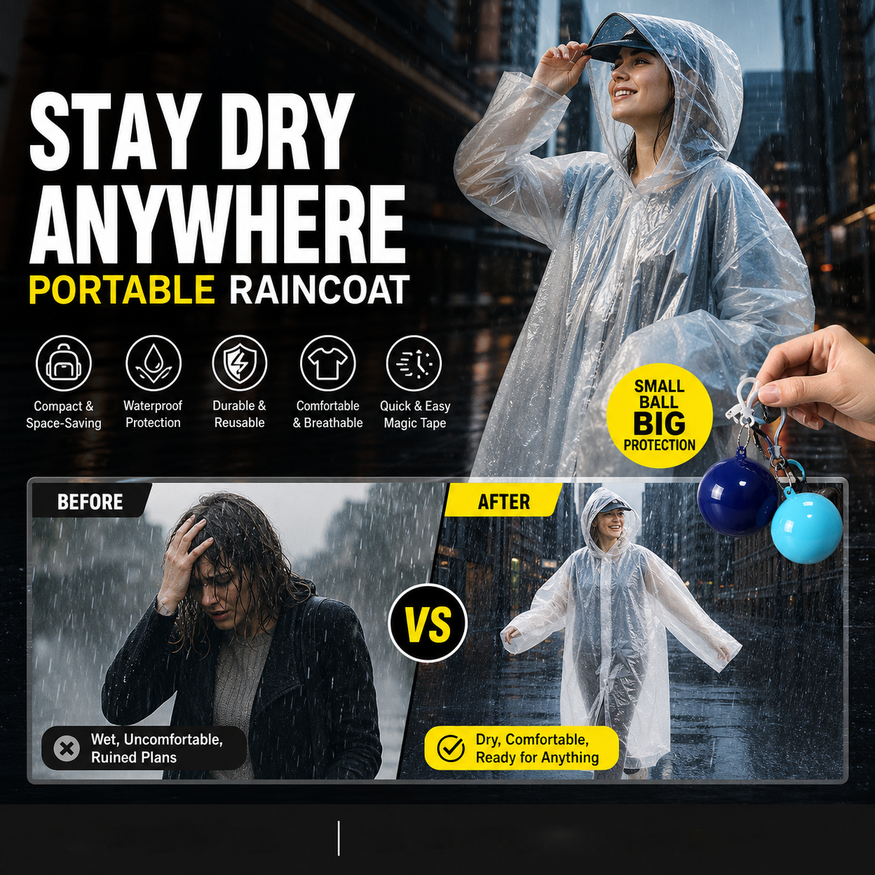 🌧️ Pocket-Size Emergency Rain Poncho, Ball-Packed Waterproof Raincoat, One-Size Lightweight Rain Protection for Travel, Hiking & Outdoor🌈---Polarvix®