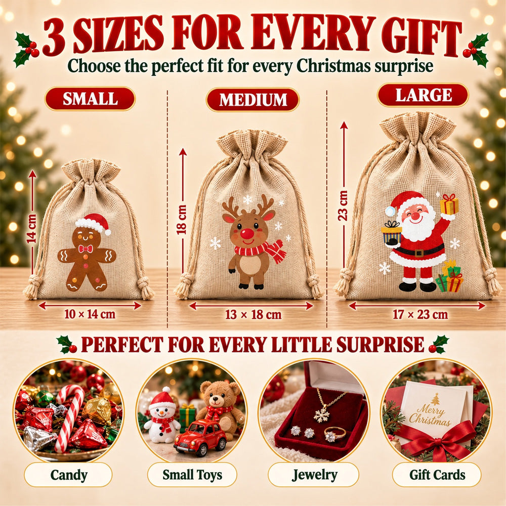 🎄⛄ Christmas Jute Gift Bags with Drawstrings — Neatly Pack Loose Candies and Gifts in Seconds 🎁🎄– Polarvix®