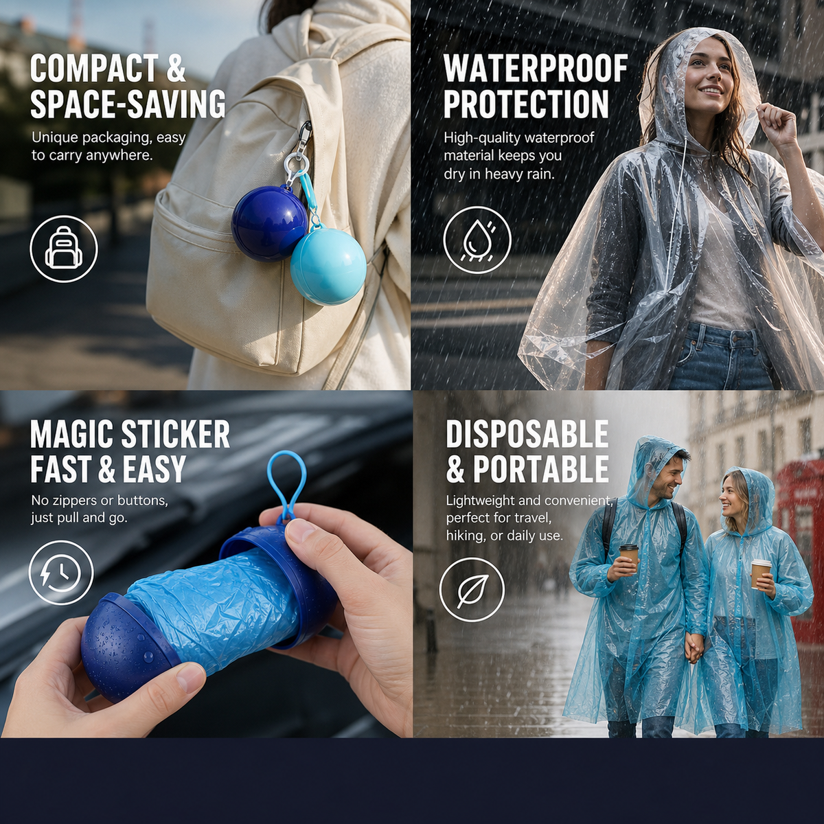 🌧️ Pocket-Size Emergency Rain Poncho, Ball-Packed Waterproof Raincoat, One-Size Lightweight Rain Protection for Travel, Hiking & Outdoor🌈---Polarvix®
