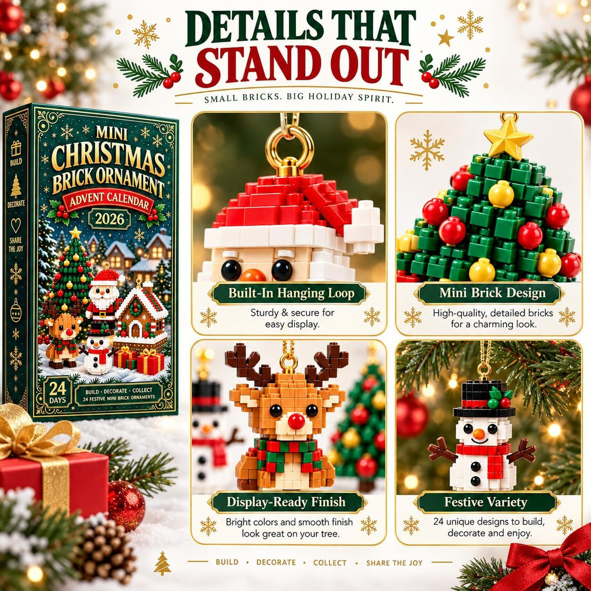 🎄 24-Day Mini Christmas Ornament Advent Calendar | 24 unique festive buildable designs with hanging loops—perfect for decorating Christmas trees, wreaths, and holiday displays 🧱