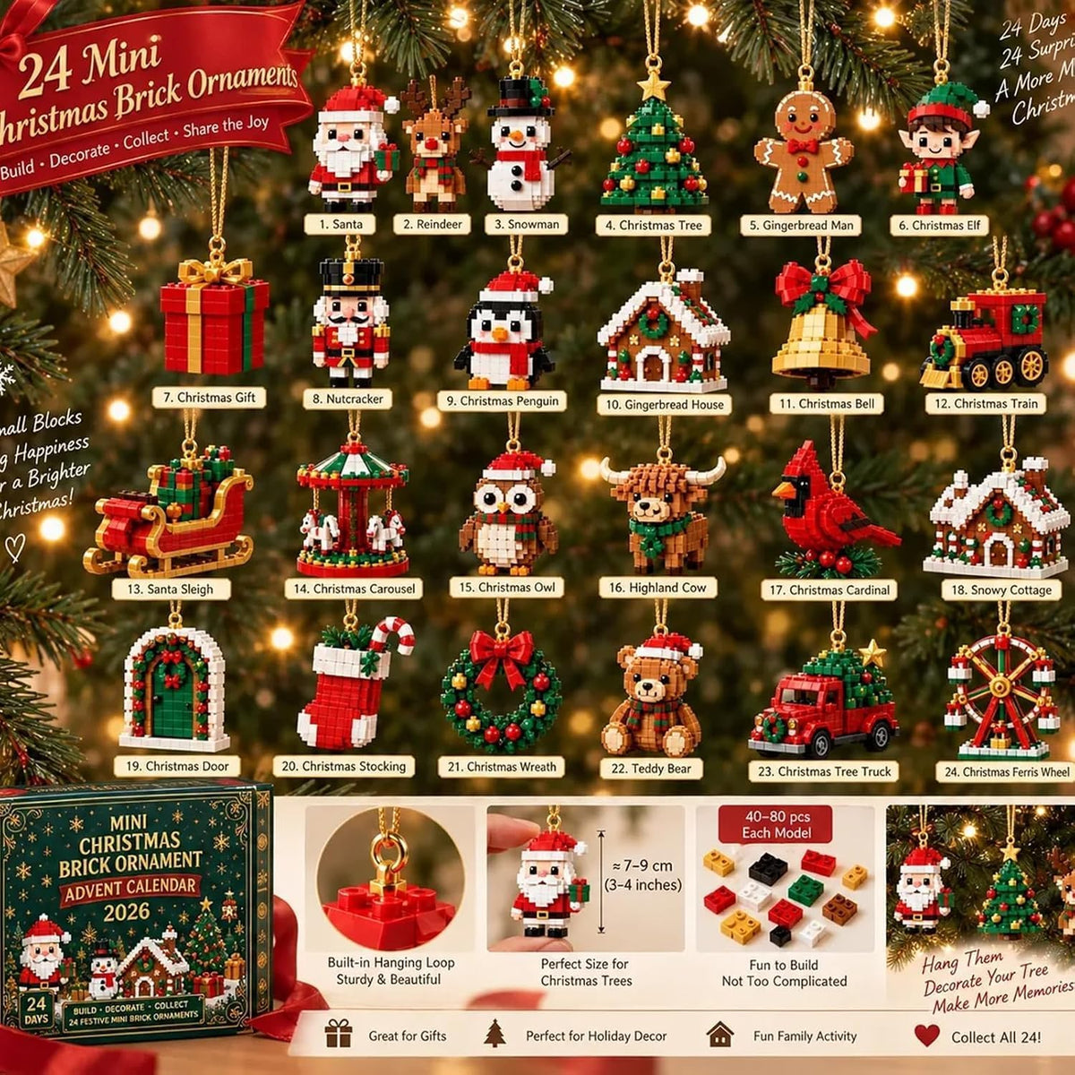 🎄 24-Day Mini Christmas Ornament Advent Calendar | 24 unique festive buildable designs with hanging loops—perfect for decorating Christmas trees, wreaths, and holiday displays 🧱