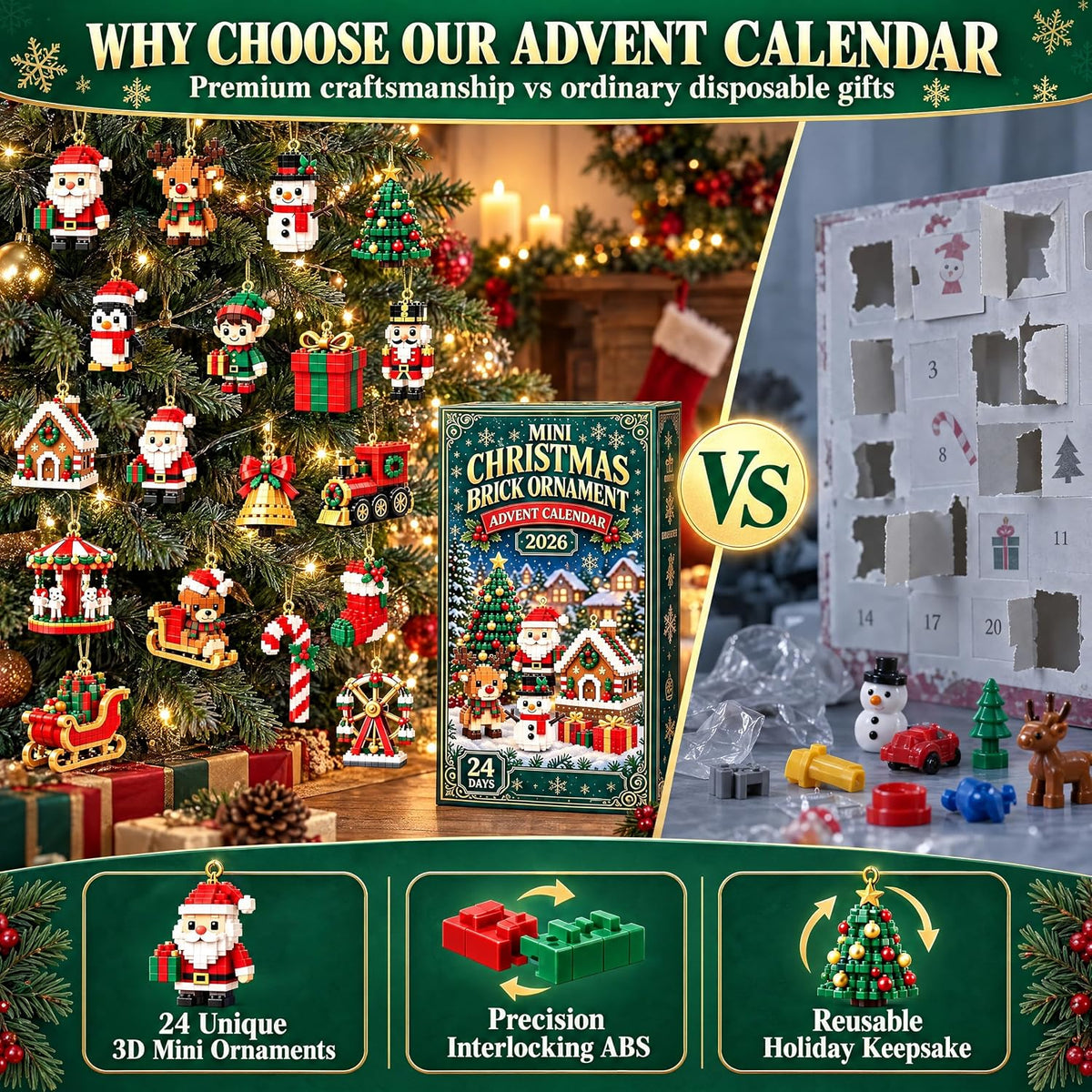 🎄 24-Day Mini Christmas Ornament Advent Calendar | 24 unique festive buildable designs with hanging loops—perfect for decorating Christmas trees, wreaths, and holiday displays 🧱