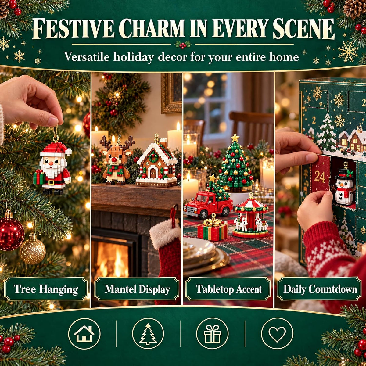🎄 24-Day Mini Christmas Ornament Advent Calendar | 24 unique festive buildable designs with hanging loops—perfect for decorating Christmas trees, wreaths, and holiday displays 🧱