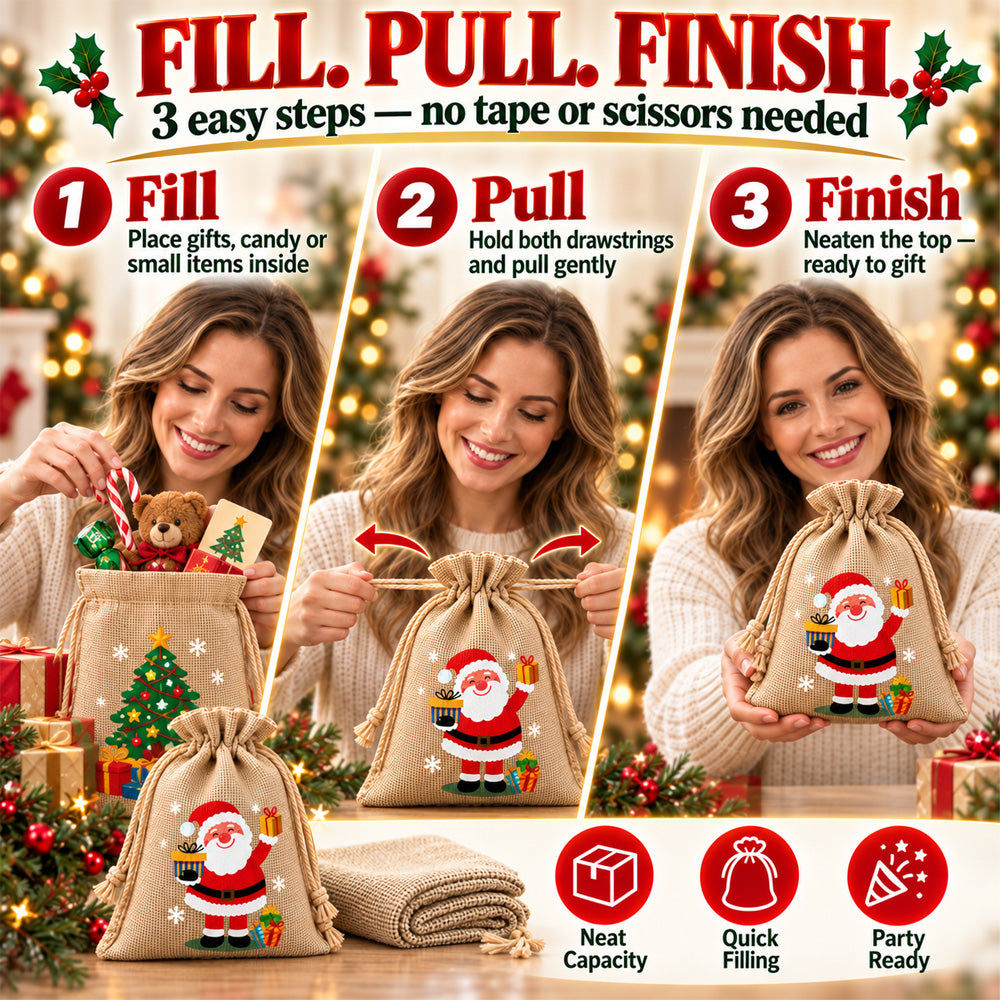 🎄⛄ Christmas Jute Gift Bags with Drawstrings — Neatly Pack Loose Candies and Gifts in Seconds 🎁🎄– Polarvix®