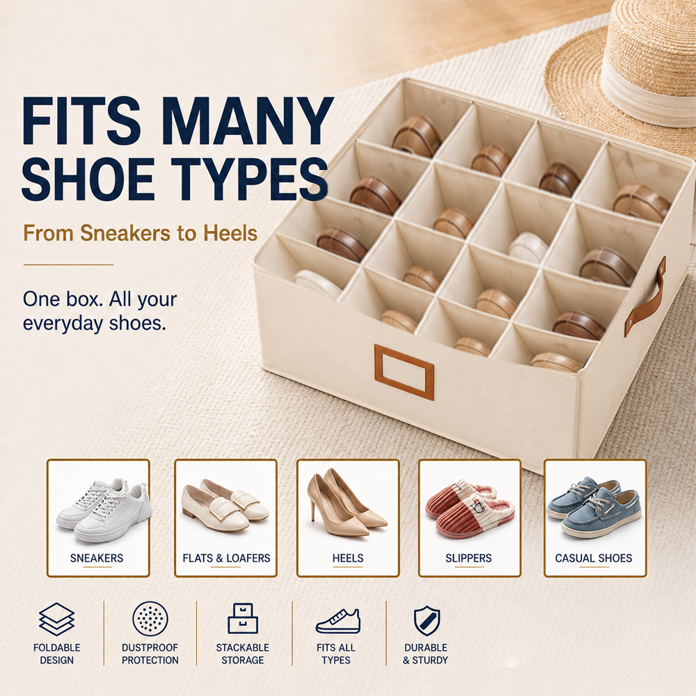 👟 Fabric Shoe Organizer Storage Box – Foldable, Large Capacity, Dustproof & Breathable for Closet & Bedroom Polarvix®🧺✨