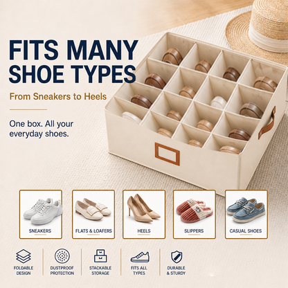 👟 Fabric Shoe Organizer Storage Box – Foldable, Large Capacity, Dustproof & Breathable for Closet & Bedroom Polarvix®🧺✨