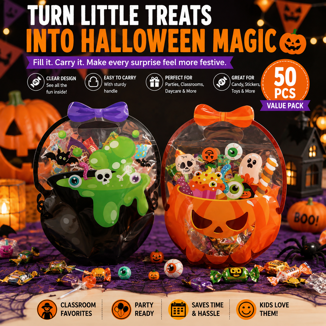 50 Pcs Halloween Goodie Bags – Clear Cauldron Candy Favor Bags---Polarvix®