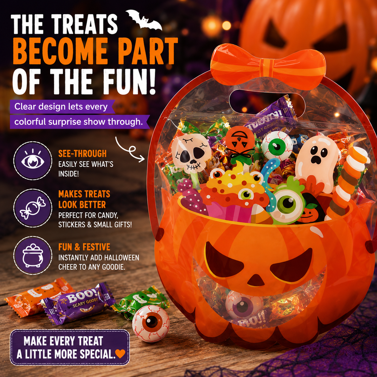 50 Pcs Halloween Goodie Bags – Clear Cauldron Candy Favor Bags---Polarvix®