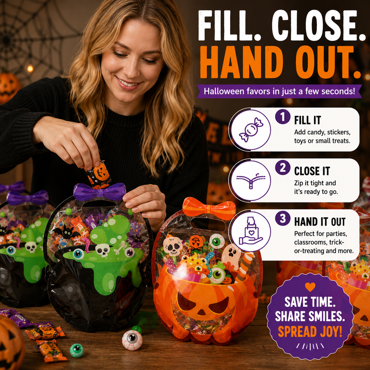 50 Pcs Halloween Goodie Bags – Clear Cauldron Candy Favor Bags---Polarvix®