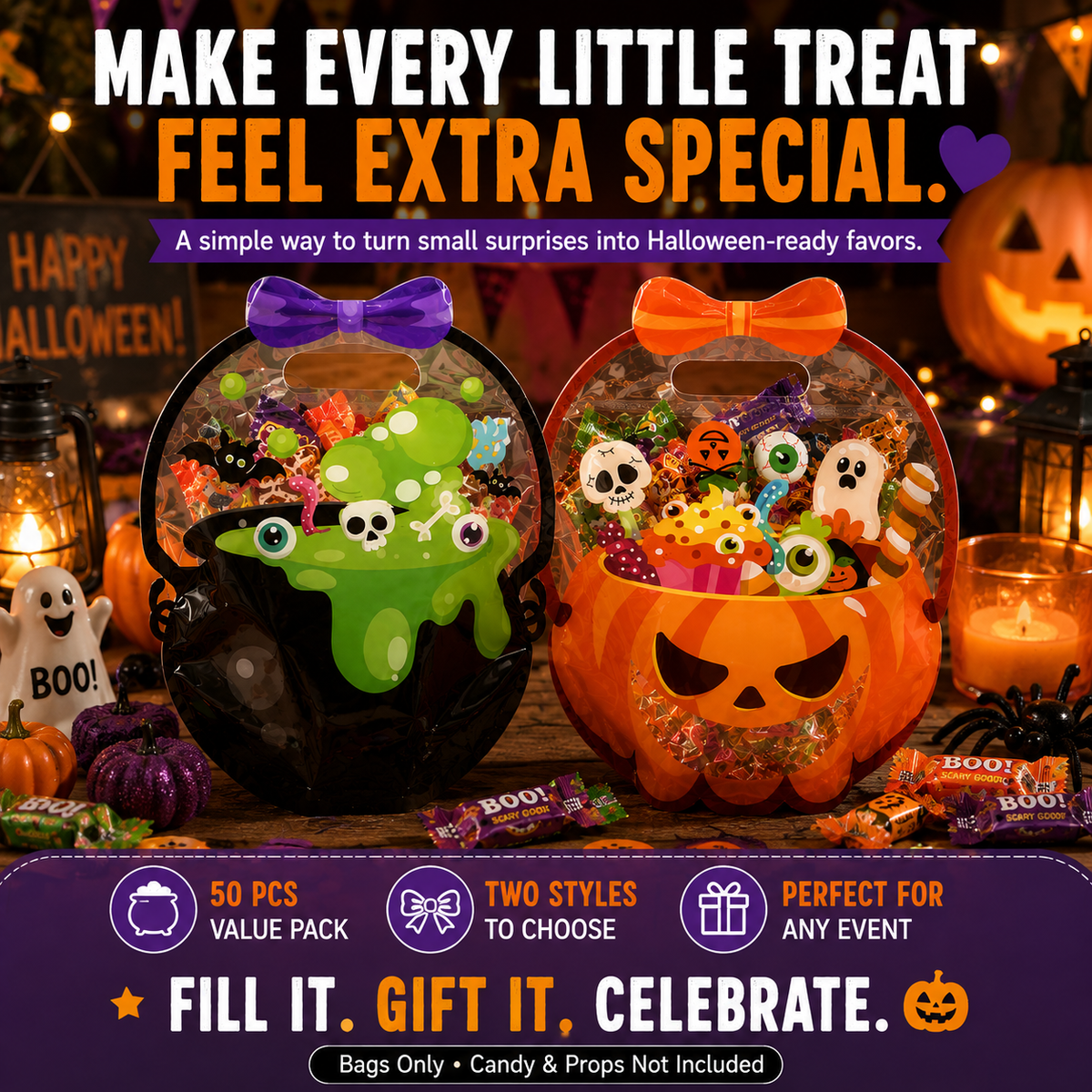 50 Pcs Halloween Goodie Bags – Clear Cauldron Candy Favor Bags---Polarvix®