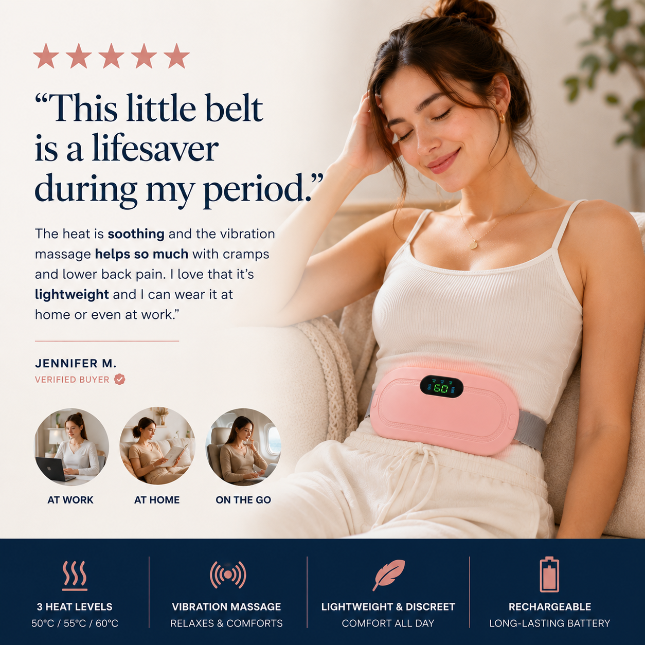 Polarvix®  🌸 Menstrual Heating Pad for Cramps | Fast Pain Relief ♨️ 3 Heat Levels • 3 Massage Modes