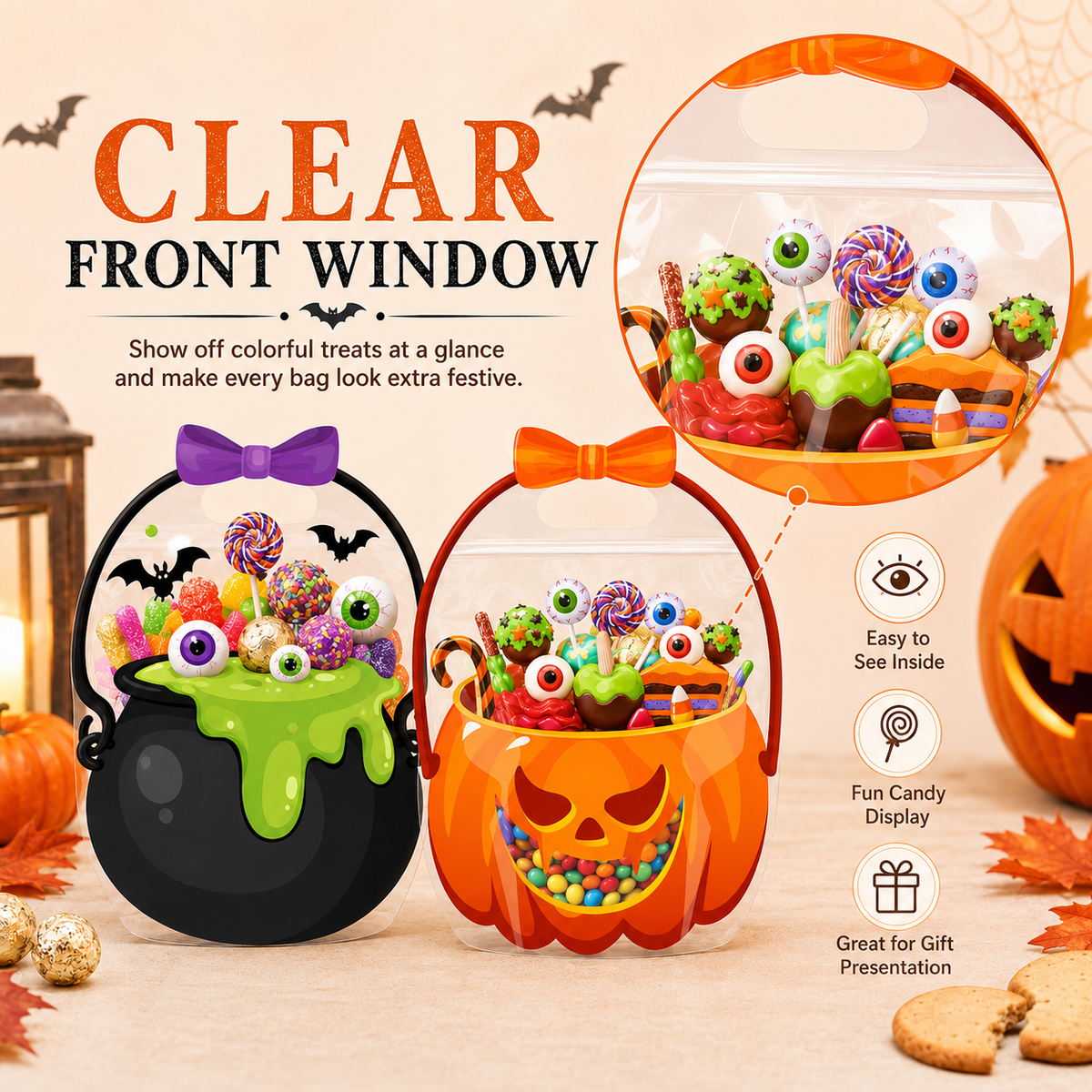 50 Pcs Halloween Goodie Bags – Clear Cauldron Candy Favor Bags---Polarvix®