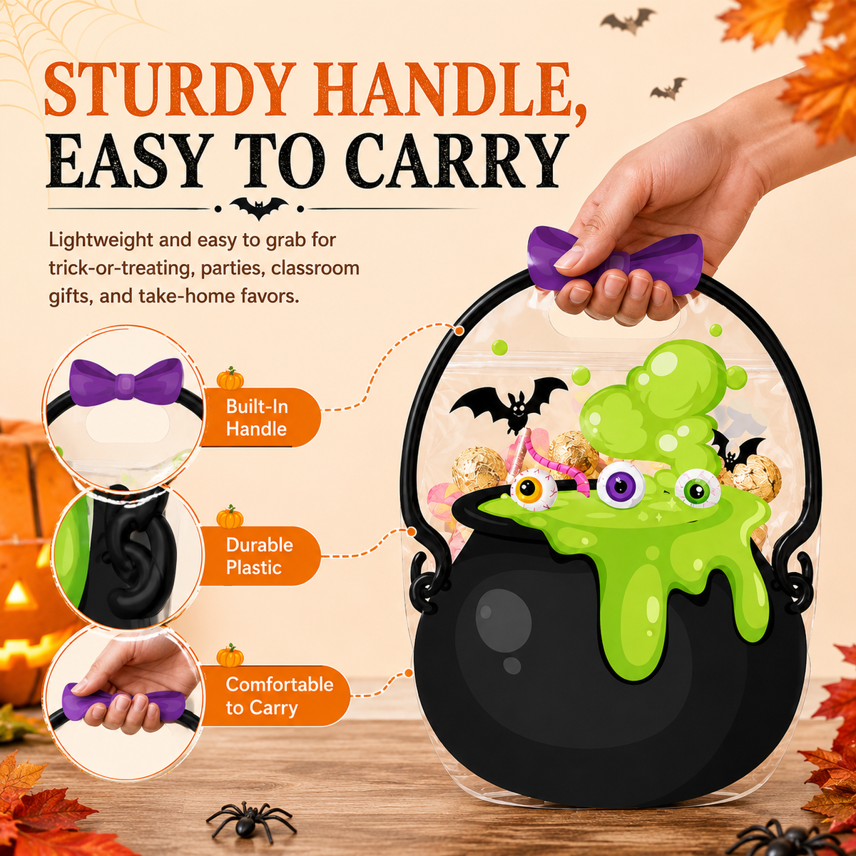 50 Pcs Halloween Goodie Bags – Clear Cauldron Candy Favor Bags---Polarvix®