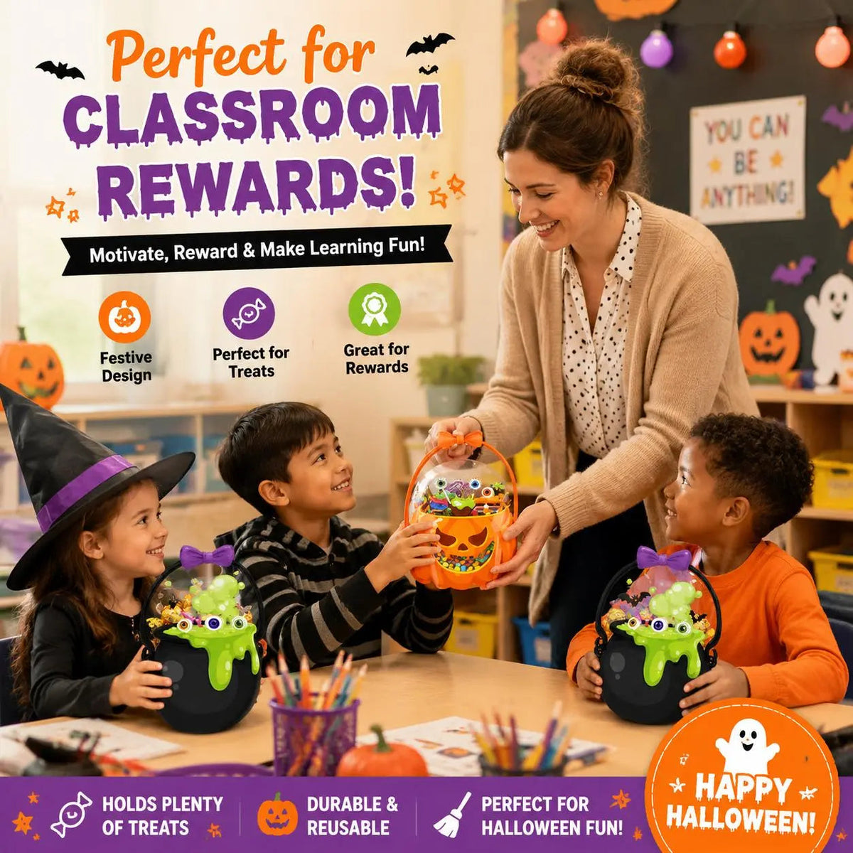 50 Pcs Halloween Goodie Bags – Clear Cauldron Candy Favor Bags---Polarvix®