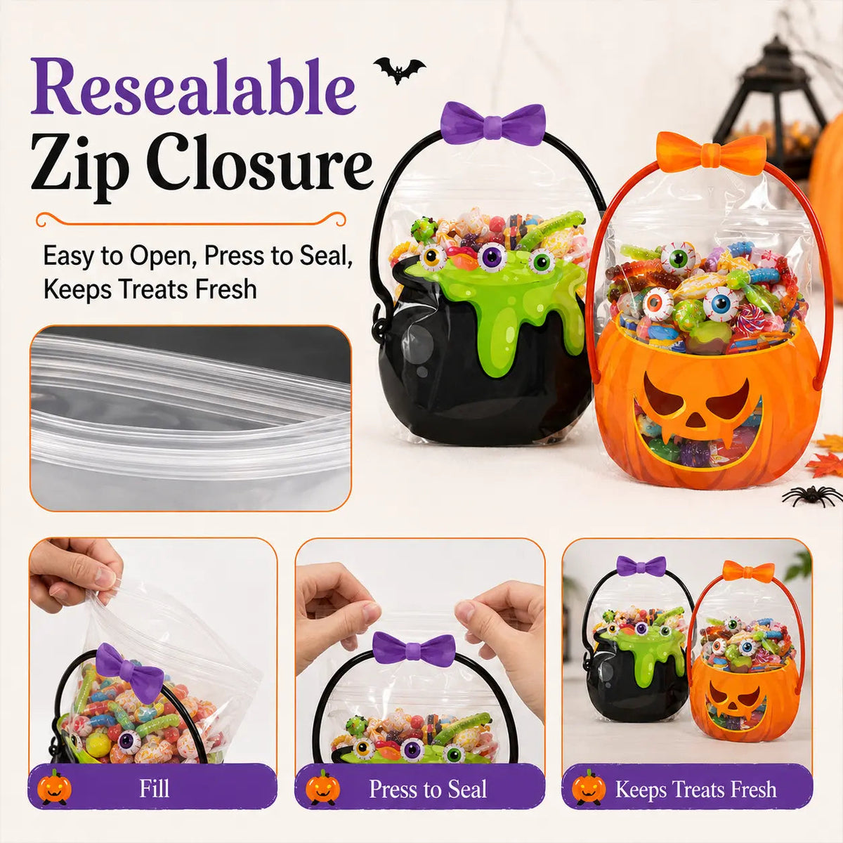 50 Pcs Halloween Goodie Bags – Clear Cauldron Candy Favor Bags---Polarvix®