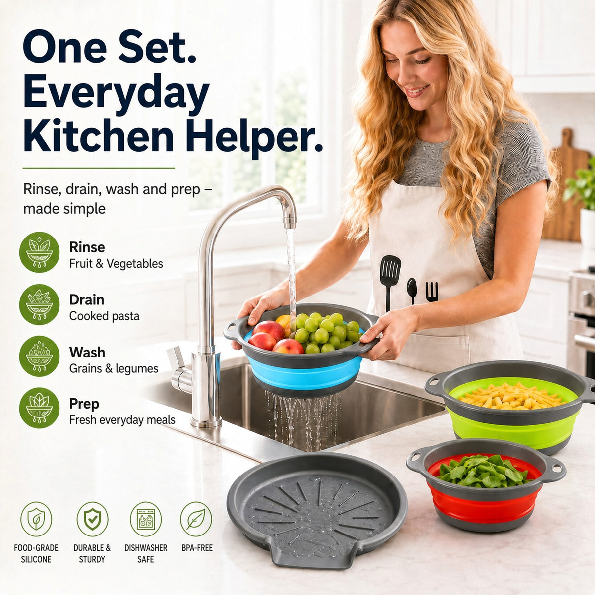 🥗💧Kitchen Colander Set ✨ Space-Saving Collapsible Strainers with Over-Sink Self-Draining Design for Easy Meal Prep---Polarvix®