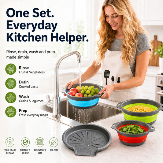 🥗💧Kitchen Colander Set ✨ Space-Saving Collapsible Strainers with Over-Sink Self-Draining Design for Easy Meal Prep---Polarvix®