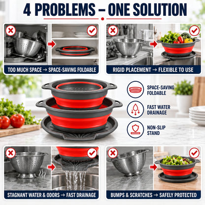 🥗💧Kitchen Colander Set ✨ Space-Saving Collapsible Strainers with Over-Sink Self-Draining Design for Easy Meal Prep---Polarvix®