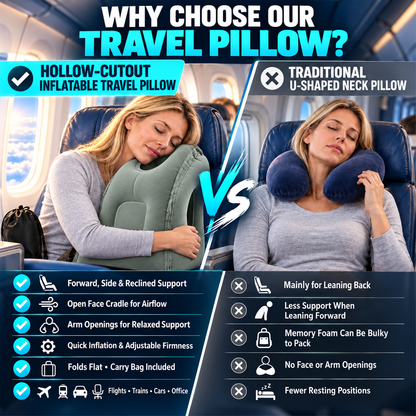 😴 LIMITED-TIME 40% OFF! ✈️ Inflatable Ergonomic Hollow-Cutout Travel Pillow – PVC Flocking, Quick Inflate, With Storage Bag ✨
