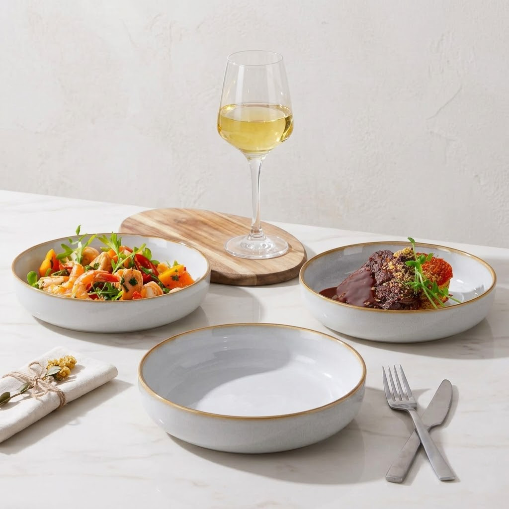Verotixacosh Pasta Bowls Set of 4, 35 oz Large Salad Bowls, Wide & Shallow Ceramic Serving Plates, Double Glazed Finish, Microwave & Dishwasher Safe