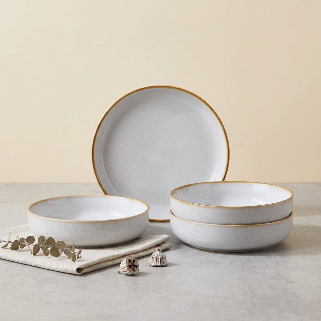 Verotixacosh Pasta Bowls Set of 4, 35 oz Large Salad Bowls, Wide & Shallow Ceramic Serving Plates, Double Glazed Finish, Microwave & Dishwasher Safe