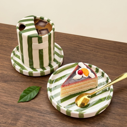 Verotixacosh Retro Striped Ceramic Coffee Cup and Saucer Set, Hand-Painted Porcelain Mug with Straw and Sip Lid, 10oz Insulated Travel Coffee Tumbler