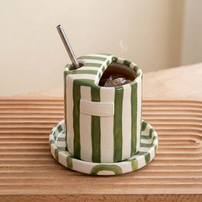 Verotixacosh Retro Striped Ceramic Coffee Cup and Saucer Set, Hand-Painted Porcelain Mug with Straw and Sip Lid, 10oz Insulated Travel Coffee Tumbler